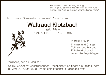 Traueranzeige von Waltraud Klotzbach von Hersfeld