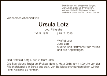 Traueranzeige von Ursula Lotz von Hersfeld