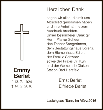 Traueranzeige von Emmy Berlet von Hersfeld