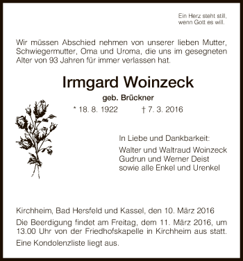 Traueranzeige von Irmgard Woinzeck von Hersfeld