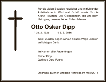 Traueranzeige von Otto Oskar Dipp von Hersfeld