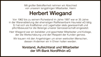 Traueranzeige von Herbert Wiegand von Hersfeld