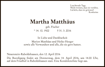 Traueranzeige von Martha Matthäus von Hersfeld