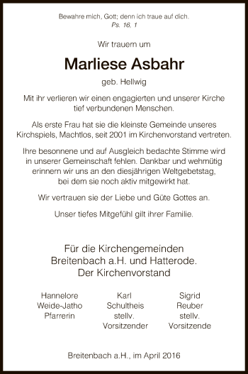 Traueranzeige von Marliese Asbahr von Hersfeld