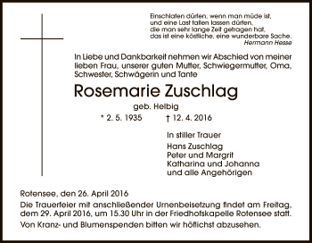 Traueranzeige von Rosemarie Zuschlag von Hersfeld