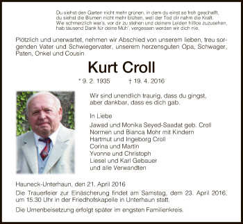 Traueranzeige von Kurt Croll von Hersfeld