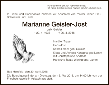 Traueranzeige von Marianne Geisler-Jost von Hersfeld