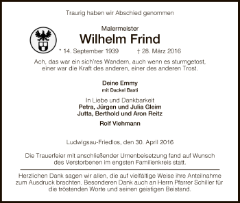 Traueranzeige von Wilhelm Frind von Hersfeld