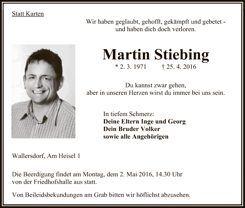  Traueranzeige für Martin Stiebing vom 29.04.2016 aus Hersfeld