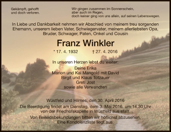 Traueranzeige von Franz Winkler von Hersfeld