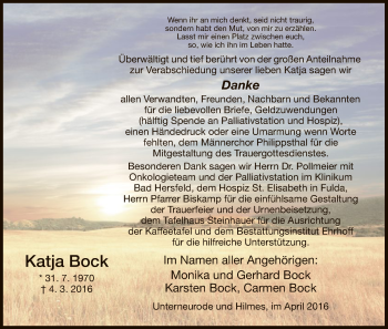 Traueranzeige von Katja Bock von Hersfeld