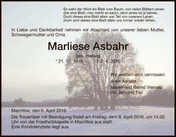 Traueranzeige von Marliese Asbahr von Hersfeld