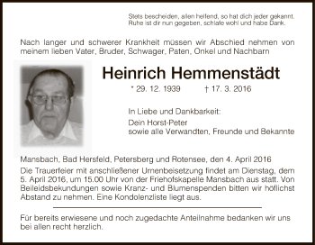 Traueranzeige von Heinrich Hemmenstädt von Hersfeld