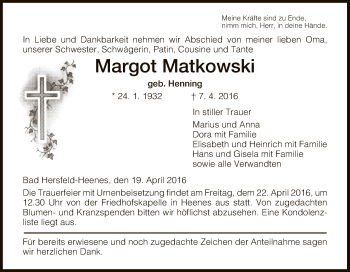 Traueranzeige von Margot Matkowski von Hersfeld