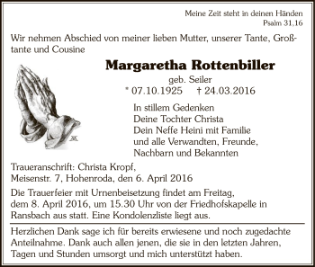 Traueranzeige von Margaretha Rottenbiller von Hersfeld