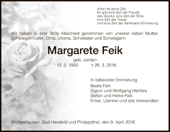 Traueranzeige von Margarete Feik von Hersfeld