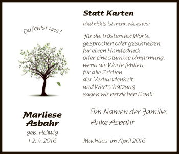 Traueranzeige von Marliese Asbahr von Hersfeld