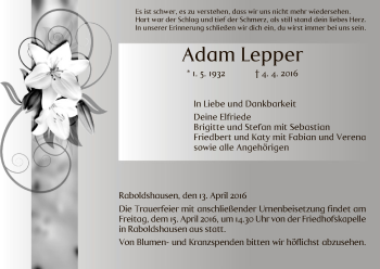 Traueranzeige von Adam Lepper von Hersfeld