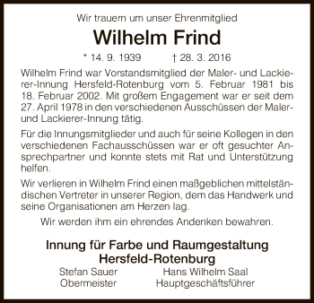 Traueranzeige von Wilhelm Frind von Hersfeld