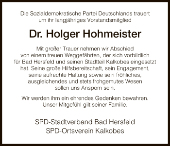Traueranzeige von Holger Hohmeister von Hersfeld