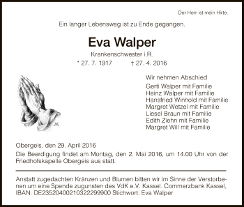 Traueranzeige von Eva Walper von Hersfeld