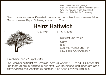 Traueranzeige von Heinz Hattwich von Hersfeld