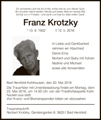 Traueranzeige von Franz Krotzky von Hersfeld