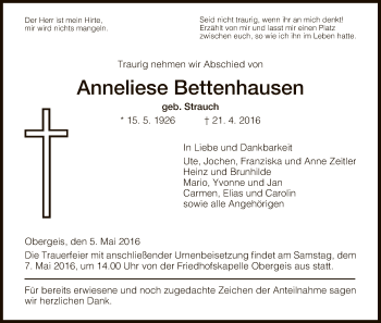 Traueranzeige von Anneliese Bettenhausen von Hersfeld