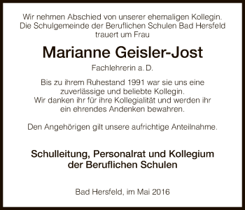 Traueranzeige von Marianne Geisler-Jost von Hersfeld