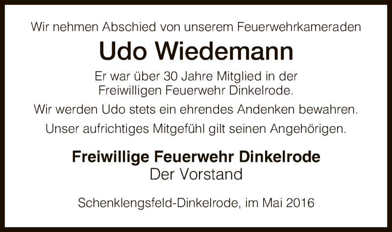  Traueranzeige für Udo Wiedemann vom 25.05.2016 aus Hersfeld