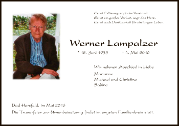 Traueranzeige von Werner Lampalzer von Hersfeld