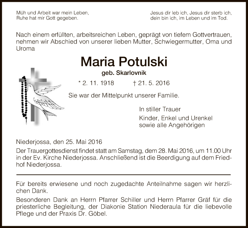  Traueranzeige für Maria Potulski vom 25.05.2016 aus Hersfeld
