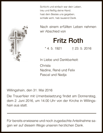 Traueranzeige von Fritz Roth von Hersfeld