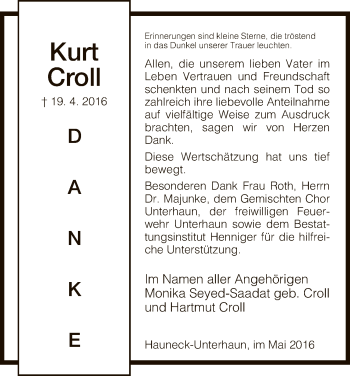 Traueranzeige von Kurt Croll von Hersfeld