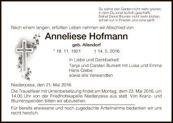 Traueranzeige von Anneliese Hofmann von Hersfeld