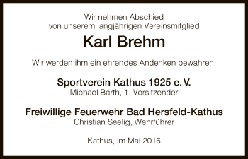 Traueranzeige von Karl Brehm von Hersfeld