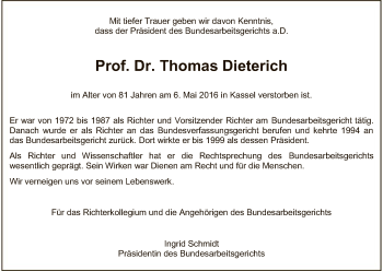 Traueranzeige von Thomas Dieterich von Hersfeld