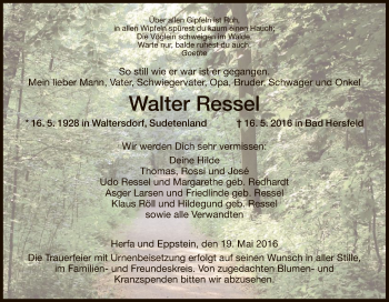 Traueranzeige von Walter Ressel von Hersfeld