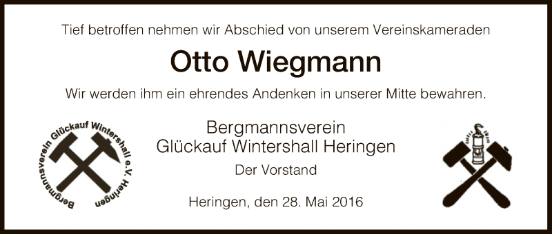  Traueranzeige für Otto Wiegmann vom 28.05.2016 aus Hersfelder Zeitung