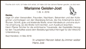 Traueranzeige von Marianne Geisler-Jost von Hersfeld