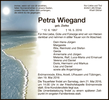 Traueranzeige von Petra Wiegand von Hersfeld