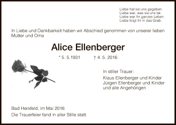 Traueranzeige von Alice Ellenberger von Hersfeld