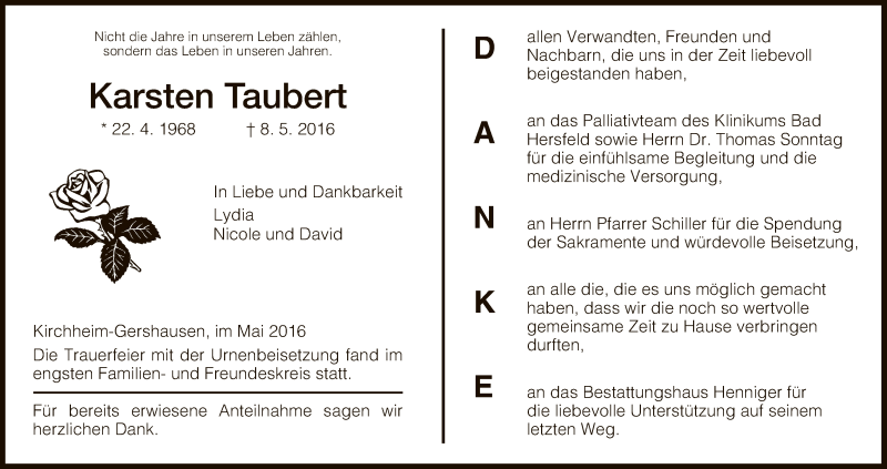  Traueranzeige für Karsten Taubert vom 21.05.2016 aus Hersfeld