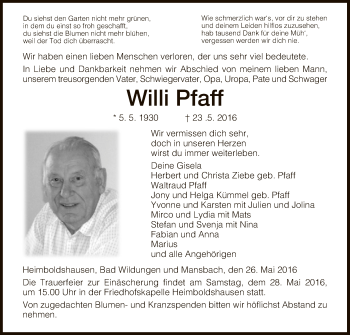 Traueranzeige von Willi Pfaff von Hersfeld