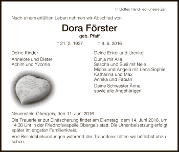 Traueranzeige von Dora Förster von Hersfeld