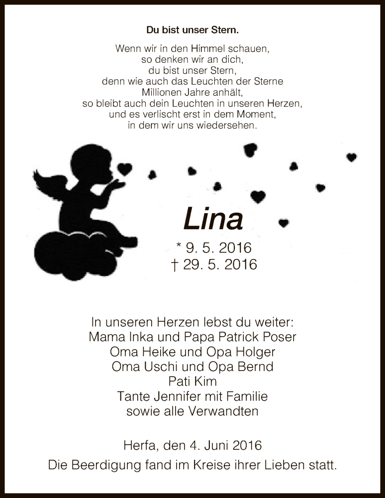  Traueranzeige für Lina Poser vom 02.06.2016 aus Hersfeld