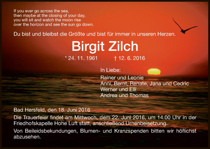  Traueranzeige für Birgit Zilch vom 18.06.2016 aus Hersfeld