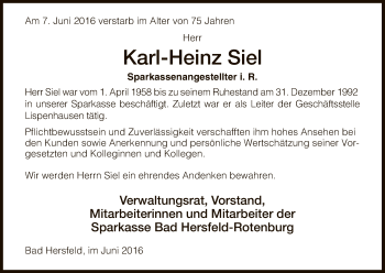 Traueranzeige von Karl-Heinz Siel von Hersfeld