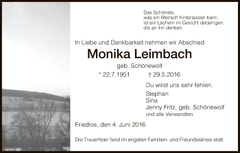 Traueranzeige von Monika Leimbach von Hersfeld