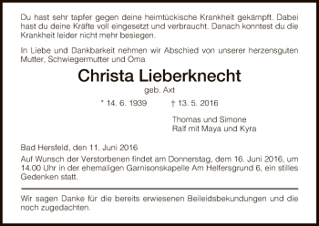 Traueranzeige von Christa Lieberknecht von Hersfeld